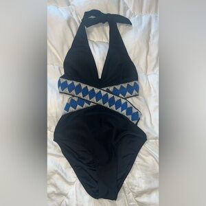 Geo Stitching Wrap Cutout One Piece Swimsuit